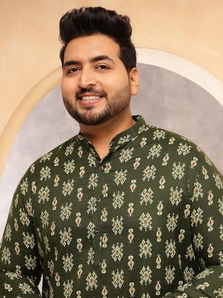 Men's Cotton Blend Ikkat Print Green Long Kurta-46