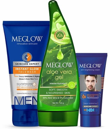 Meglow Men's Skincare Combo Skin Brightening Facewash 70g + Cream 30g + Aloe Vera Gel 125g