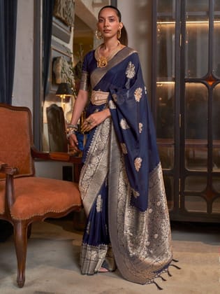 Navy Blue Soft Georgette Silk Saree with Silver Zari Weaving