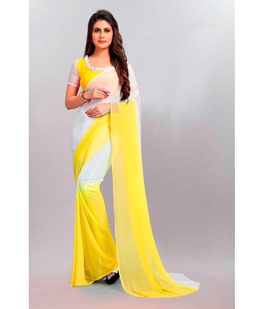 Apnisha Chiffon Colorblock Saree With Unstitched Blouse Piece ( Yellow )
