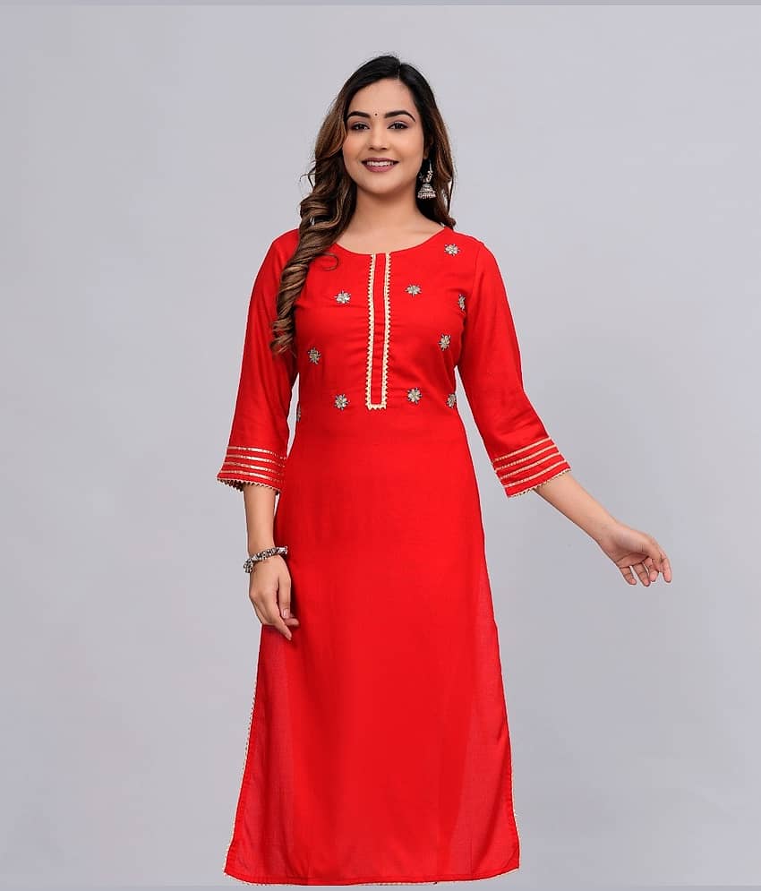 MAUKA Rayon Embroidered Straight Women's Kurti - Red ( Pack of 1 )