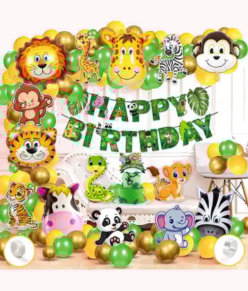 Zyozi Jungle Safari Birthday Decoration Kids,Animal Birthday Party Decoration Bunting Banner with Balloons, Cake Topper,Foil Balloons, Cardstock Cutout,Glue & Arch Kit for Boy Birthday(Pack of 68)