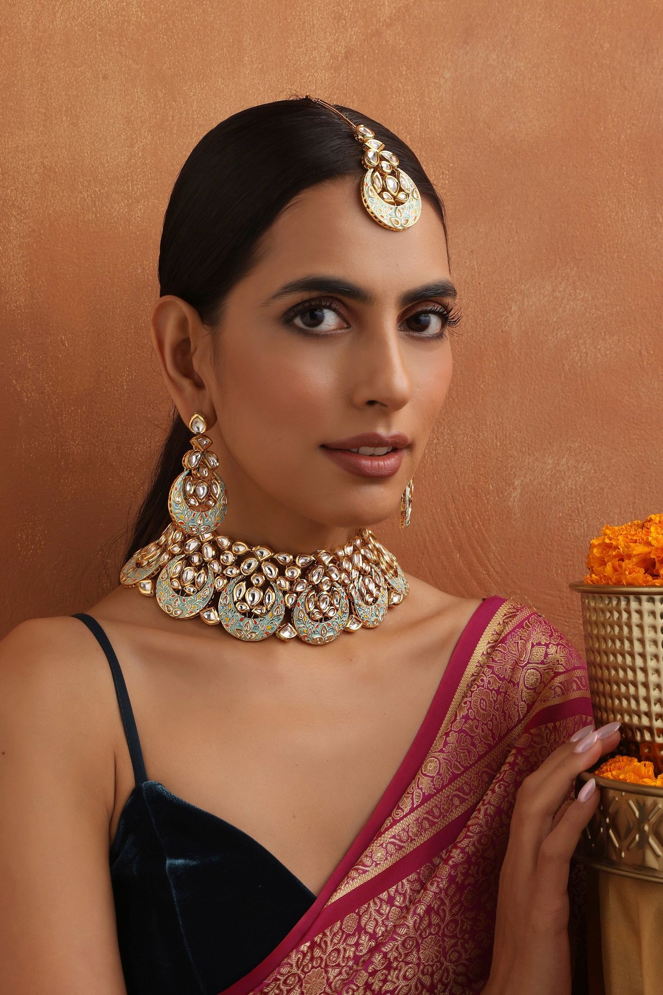 Kisha Mint Kundan Necklace Set with Maang Tikka-Kundan