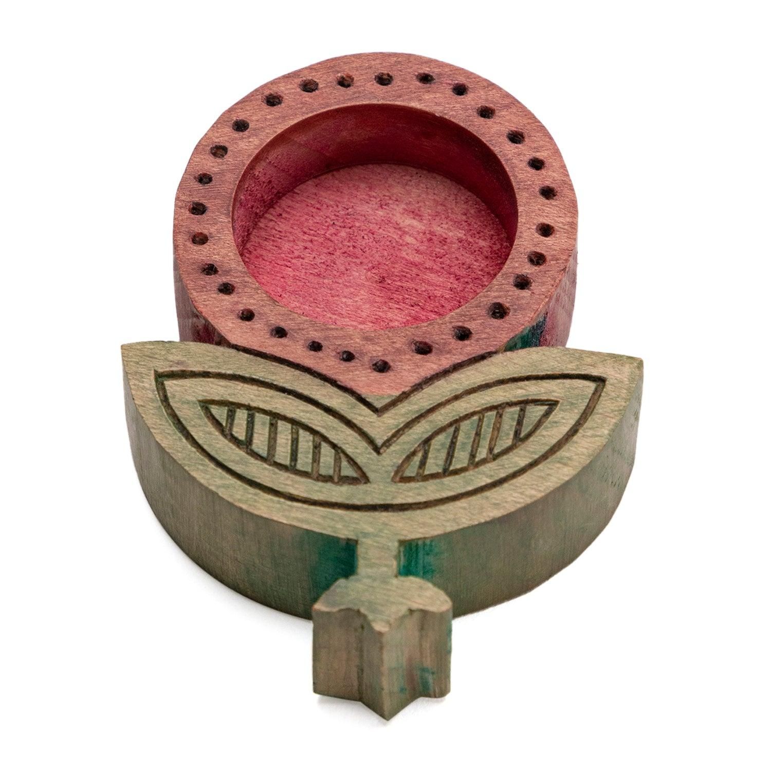 Eyaas Block Carved Stained Wood T-light Holder  Flower Design in Steam Beech Wood