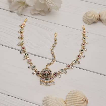 American Diamond Minakari Borla (Matha Patti)-White / Gold Silver / Free Size
