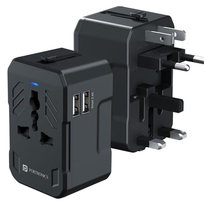 Portronics Juicemate 2 Universal Travel Adapter with 12W Dual USB-A Output Port, All in One International Travel Fast Charging Adapter, Suitable for 200 PPlus Countries US,UK,EU,AUS,Etc (Black)