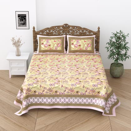 Floral Print Cotton Double King Bedsheet with 2 Pillow Covers