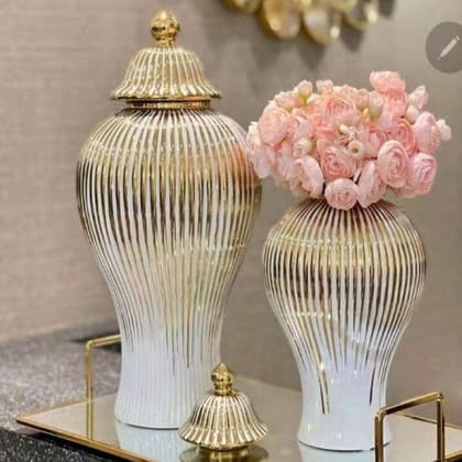 GOLD EDGED GINGER LUXURY JAR-Golden White / Glass | Gloss Finish / SET OF 2