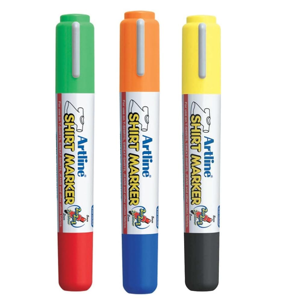 Artline T-Shirt Twin Marker Pack of 3 | Green, Red, Orange, Blue, Yellow, Black