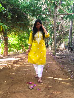 Yellow ( Haldi / Lemon  ) -  Sunflower Embroidery Design Kurti with Pant - Cord Set-38 - M