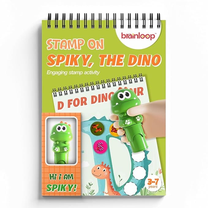 Stamp On Spiky, The Dino, Sticker Stamp and Activity Pad with 10 Pages, 100 Stickers, 1 Stamp Toy Collectible Figure, Fun Learning Activity, Return Gifts for Children from 3 Years