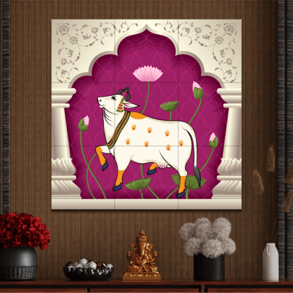 Pichwai Sacred Cow Wood Print Wooden Wall Tiles Set-3 x 3 Feet