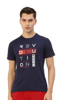 Mens Premium Cotton Lycra Graphic Half Sleeve Crew Neck T-Shirts-S / Navy