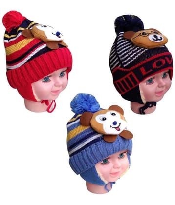 TOTAL HEALT WARM NEW BORN BABY WOOLLEN CAP WITHF FUR  INSIDE PACK OF 3 - None