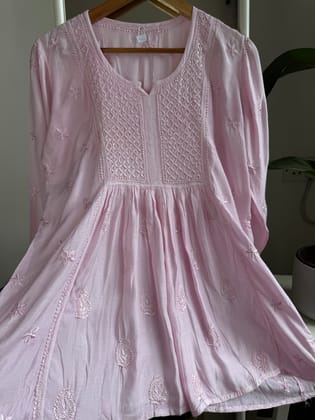 Chikankari Muslin Peplum short Top in Pink-Pink / cotton / M