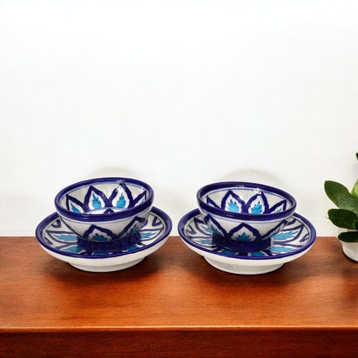Handcrafted Jaipur Blue Pottery Bowl & Plate Set  Square Indigo Geometric Patterns
