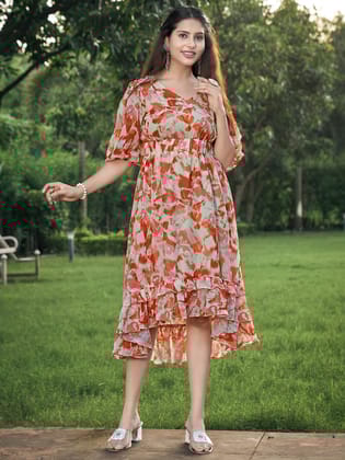 Beige Printed Flared Georgette V-Neck Dress-S
