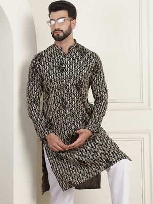Men's Cotton Gold Thread Embroidered Black Kurta-36
