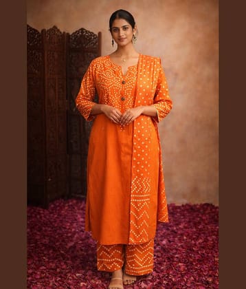 Aarika Women Cotton Printed Straight Kurti With Palazzo ( Orange )