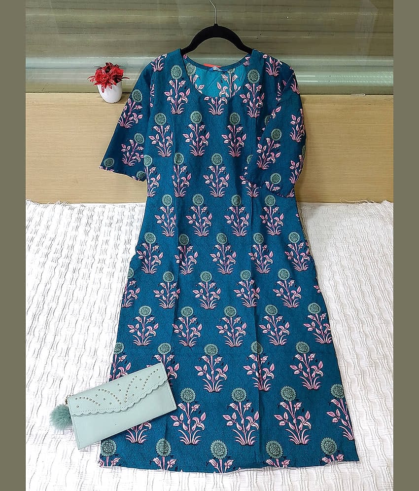 Ethnic Basket Pack of 1 Crepe Printed Straight Women's Kurti - ( Blue )