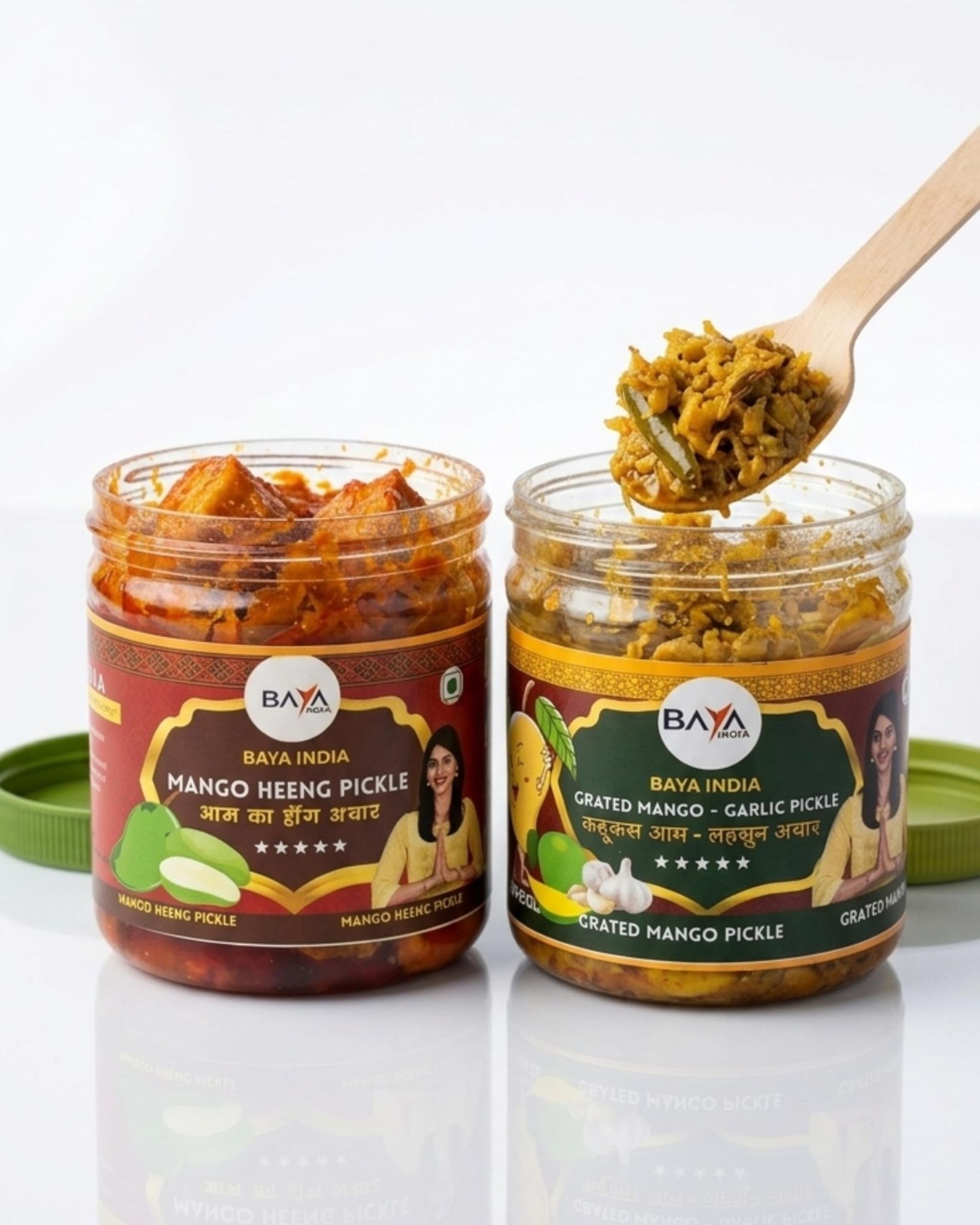 Baya India Combo of Two Mango Favorites | Hing Mango Pickle & Mango Lachha with Garlic & Green Chili Pickle | Homemade Style Aam ka Achar in Mustard Oil | Spicy & Tangy | No Preservatives
