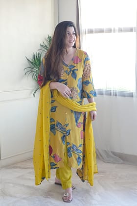 Beena Printed Yellow Suit Set-XL