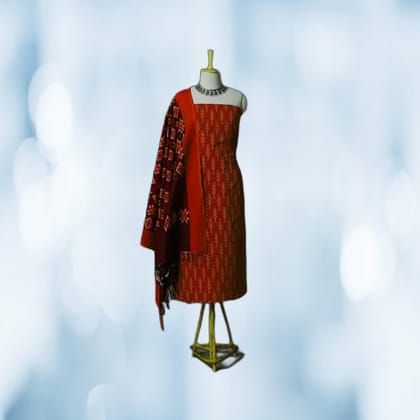 Rust Orange Ikat Pattern Unstitched Dress Material | Traditional Ethnic Motif | Festive Wear
