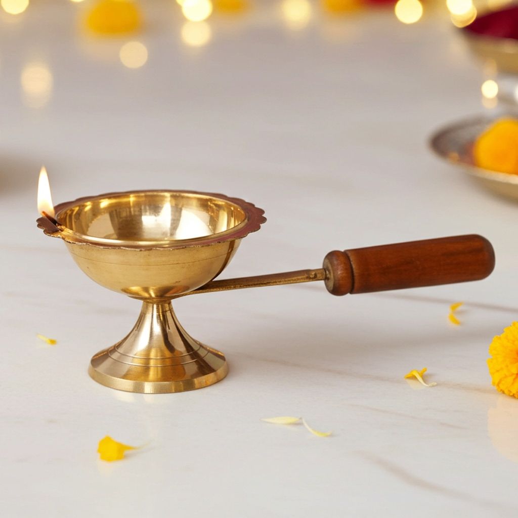 Brass Table Decor Oil Lamp Deepak With Wooden Handle  - Traditional Deepak for Mandir, Height : 3.3 Inch (FMAS627 F)