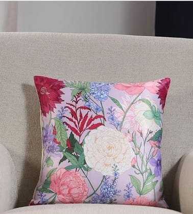 Koko Decorative Polyester Cushion Cover 16 x 16 Inch | Natural Textured Lavender Floral Print | Solid Color Fabric | Square Pillow Covers for Bed, Sofa, Chair Seat | Pack of 1