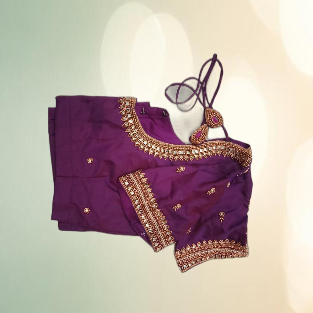 Designer Maggam Work Bridal Blouse (Purple) | Intricate Mirror & Bead Embellishments | Wedding & Festive Wear