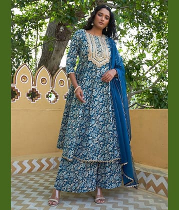 Janasya - Teal Anarkali Cotton Women's Stitched Salwar Suit ( Pack of 1 )
