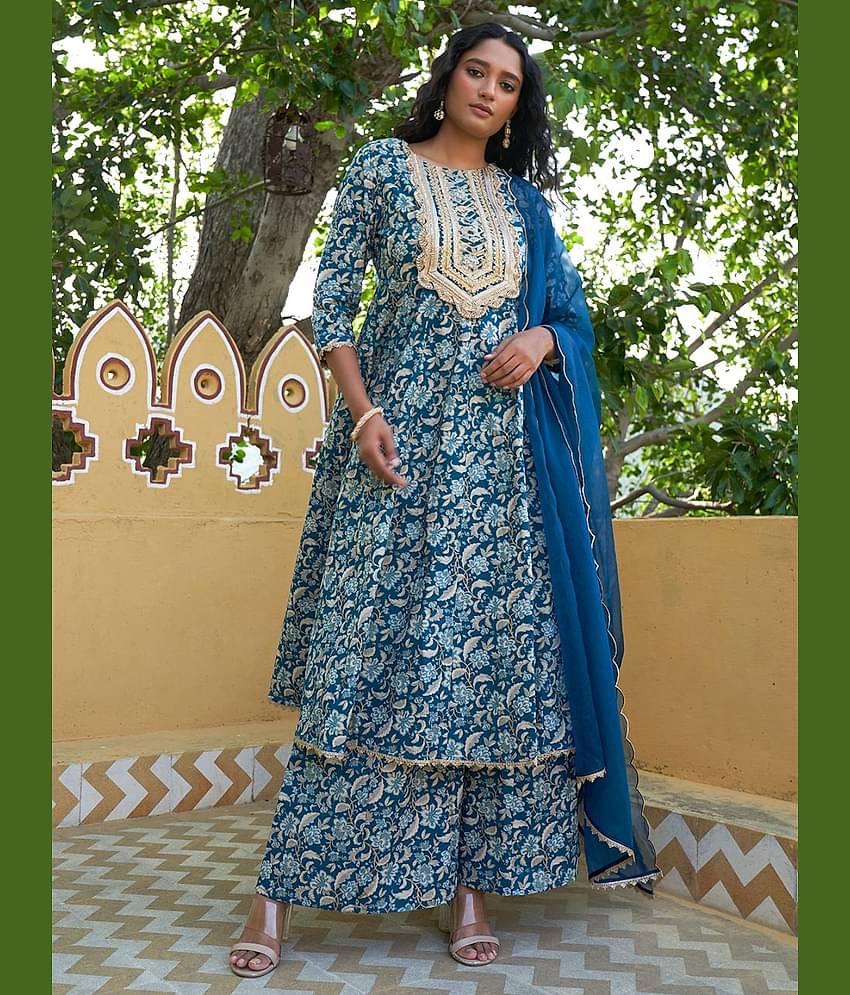 Janasya - Teal Anarkali Cotton Women's Stitched Salwar Suit ( Pack of 1 )