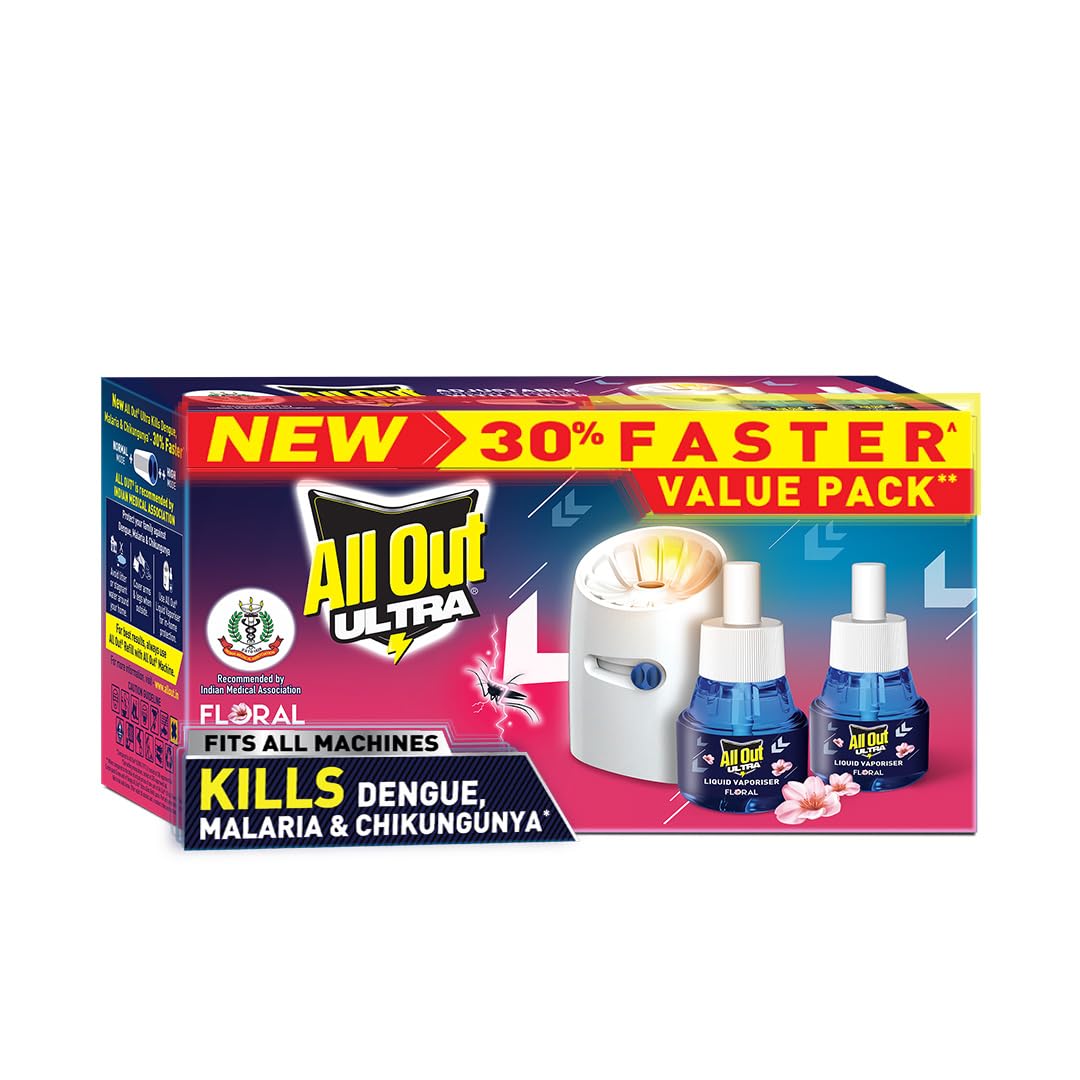All Out Ultra Floral Liquid Vaporizer, Machine + 2 Refills (45ml each) | Kills Dengue, Malaria & Chikungunya Mosquitoes | India's Only Mosquito Killer Brand Recommended by Indian Medical Association