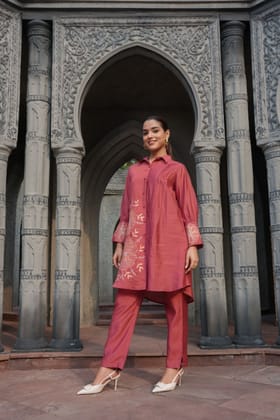ROMAN SILK FLORAL EMBROIDERED SHIRT COLLAR CORD SET-RANI / L