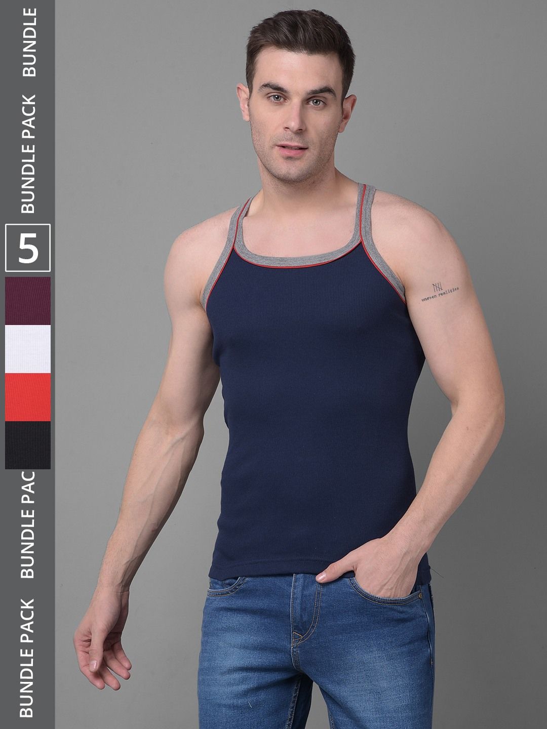 Men's Assorted Pack of 5 Solid Combed Cotton Racerback Styled Gym Vest