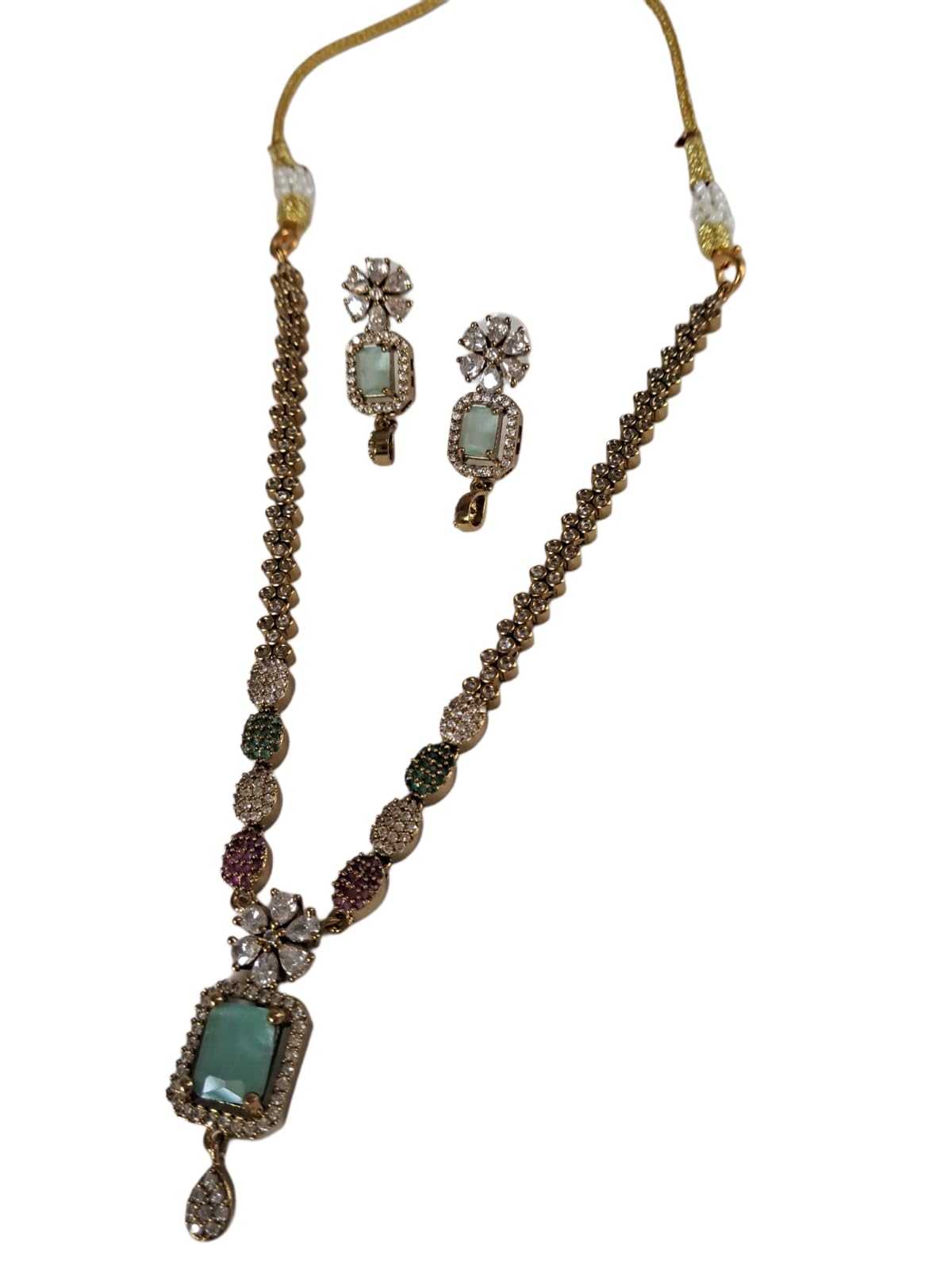 ANVAYACOLLECTIONS Traditional Gold Tone Necklace and Earrings Set with Purple Stone Pendant, Beaded Design Jewellery for Women