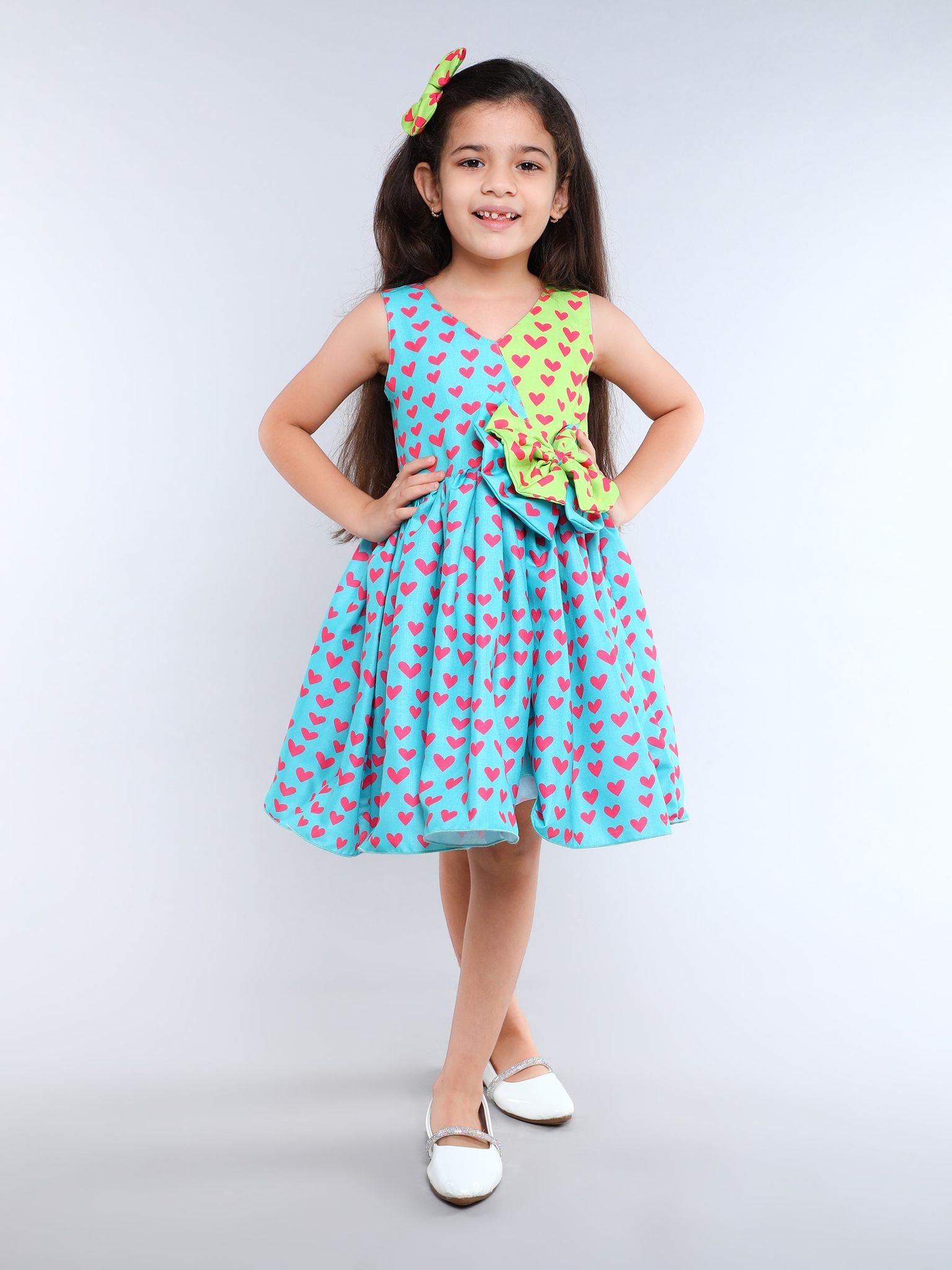Heart Colorblock Cotton Dress -Line & Teal-1-2Y / Teal