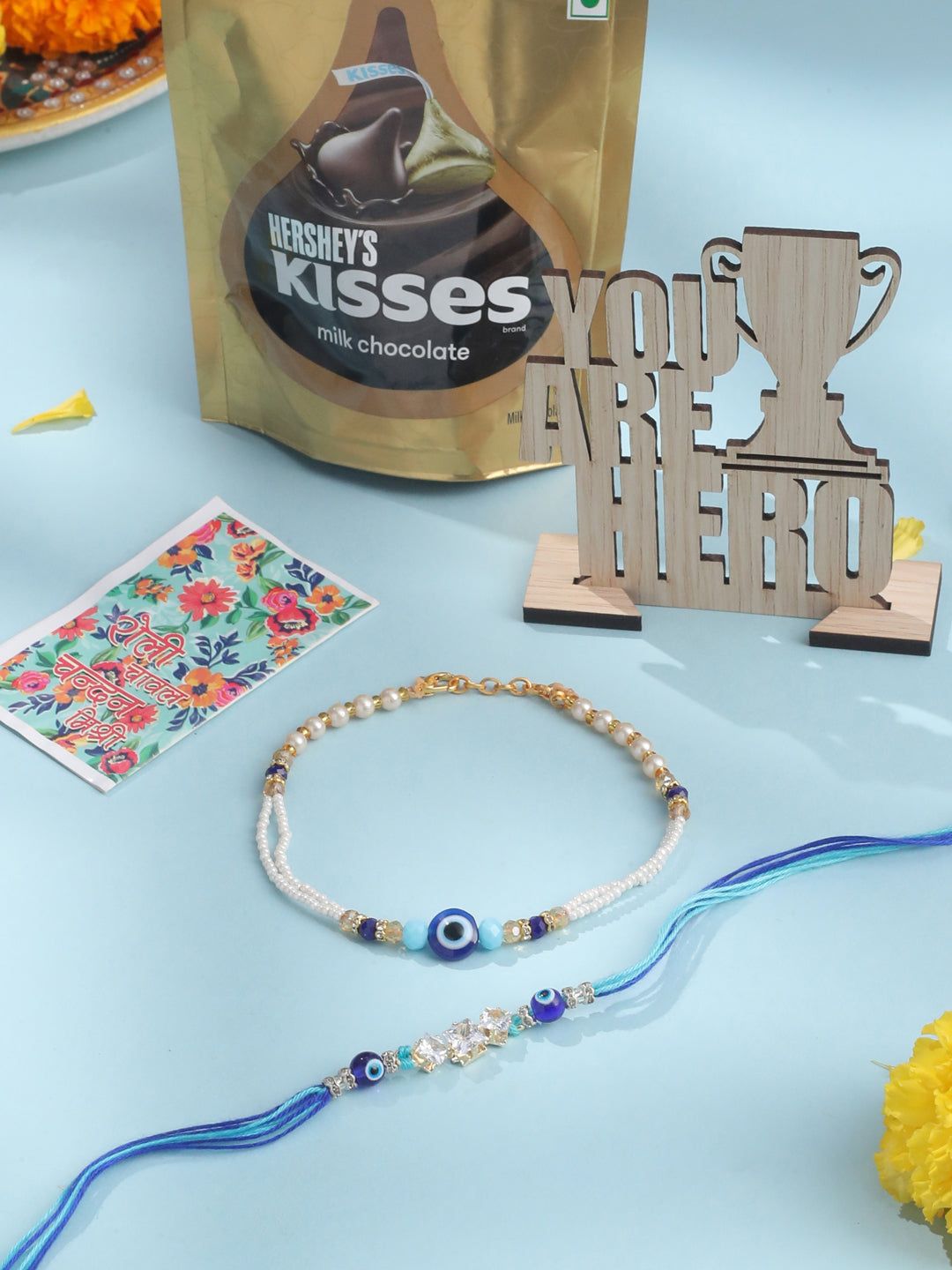 NVR Set of 2 Blue Evil Eye Artificial Stones & Beads Bhaiya Bhabhi Rakhi Combo-One Size / Blue