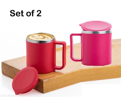 2 Pcs Happy Mug with Lid Stainless Steel Coffee Mug 200 Ml Red Pink