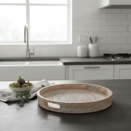 Handicraft Carved Chapati-Offer Tray,Wooden Distressed White Kitchen Decors Tray,Home Living Tray for Hospitality