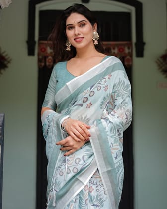 Mint Green Floral Pure Cotton Linen Saree with Blouse and Tassels-Regular