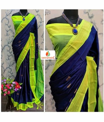 Mysstre Cotton Silk Woven Saree With Unstitched Blouse Piece ( Navy Blue )