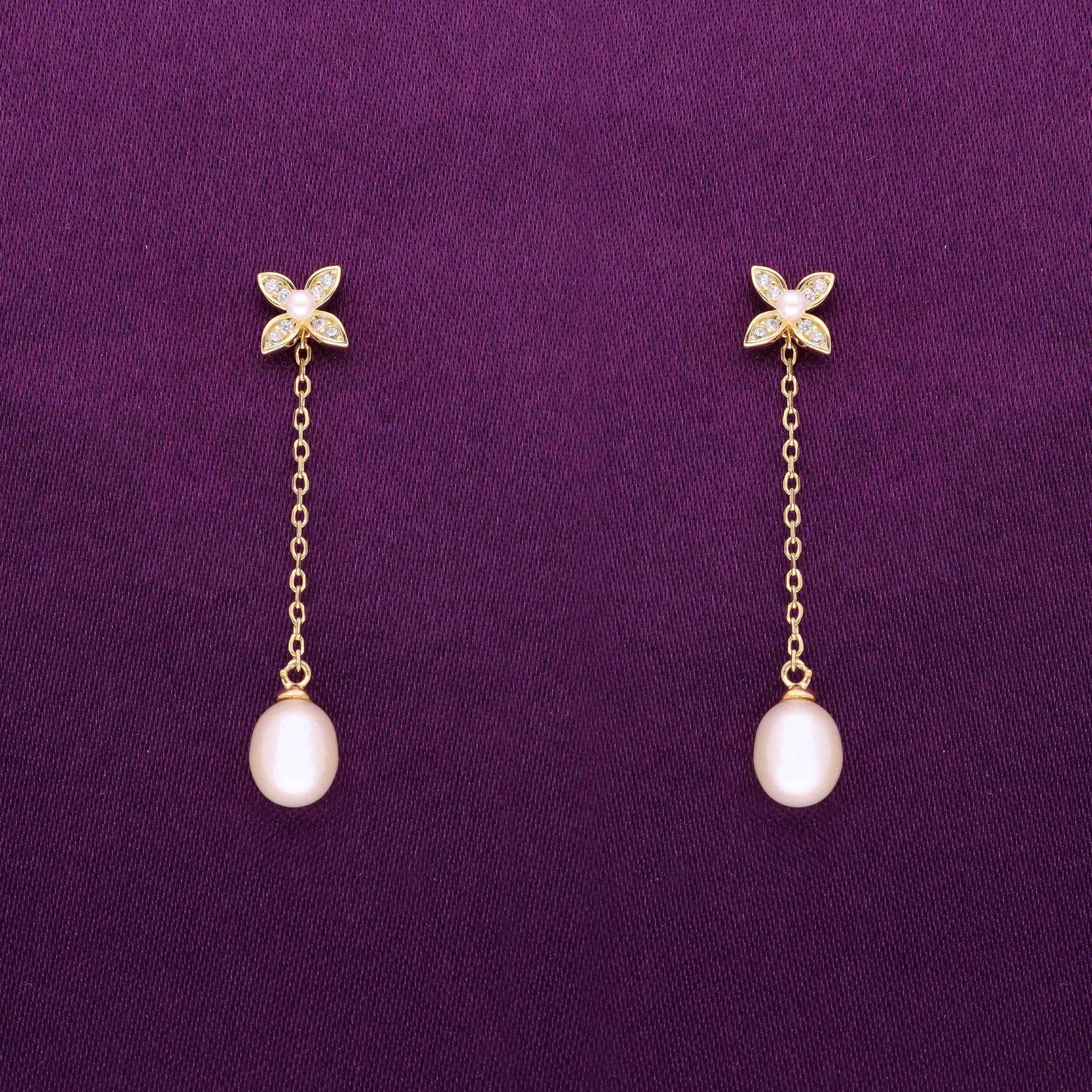 Sterling Silver Floral Pearl Drop Earrings-Pearl / Gold