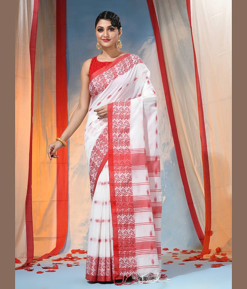 Desh Bidesh Cotton Self Design Saree With Unstitched Blouse Piece ( Red )