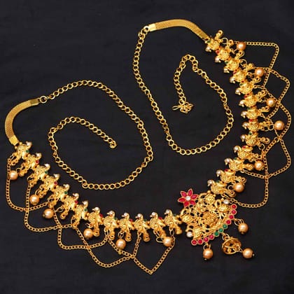 Maroon & Green Color Glass Stone Kamarband (KMBND303MG)-Adjustable Chain / Maroon / Alloy With Good Quality Gold Plated