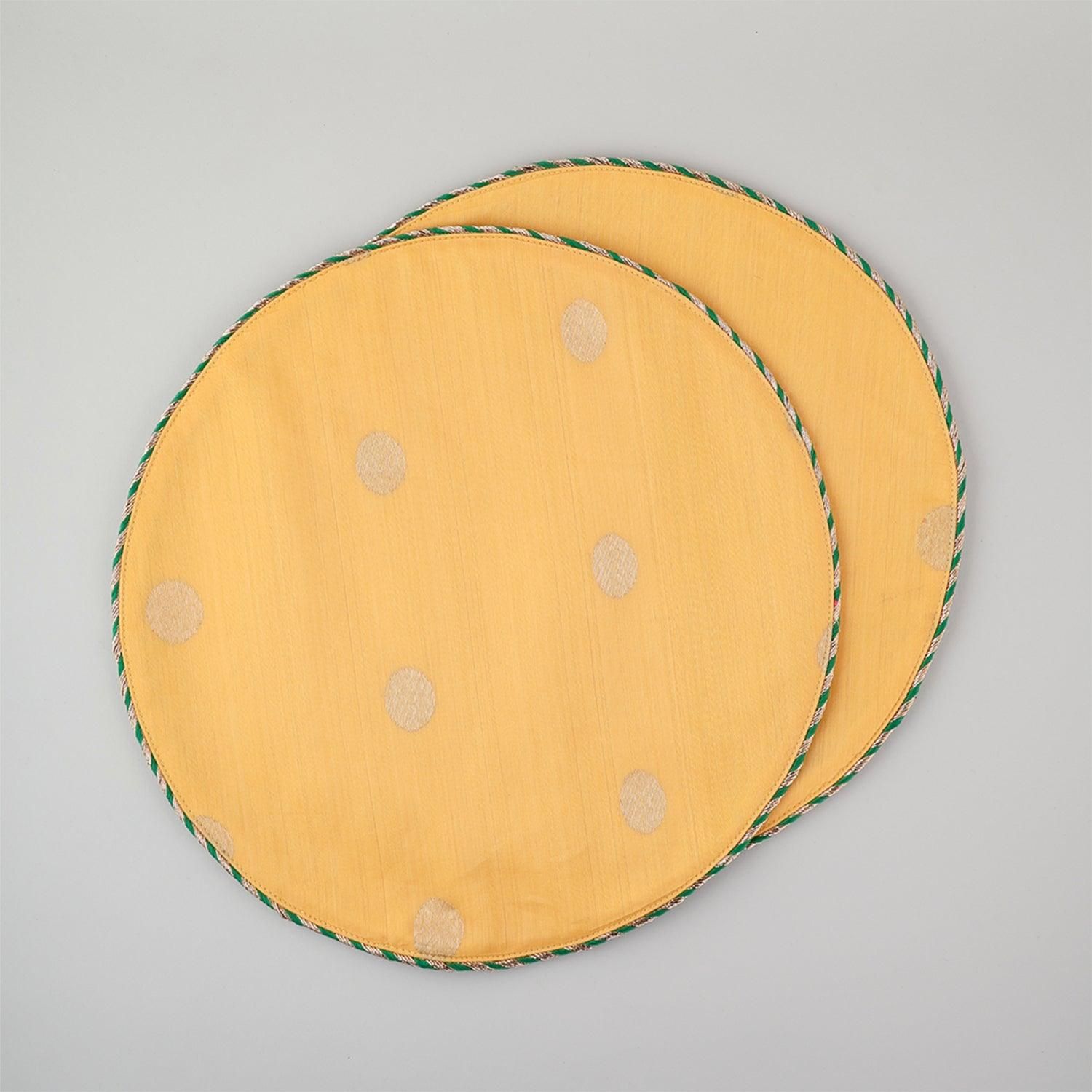 Chanderi Handwoven Mat Set of 2 - Round (Yellow)-golden yellow
