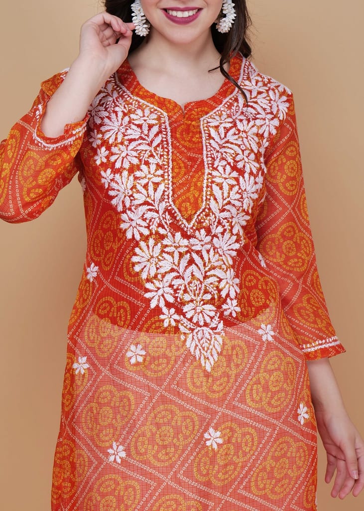 Handcrafted Kota Chikankari Straight Kurta - Orange