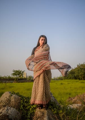 Natural dyed Bagru saree - Roheda Kota Mohini handblock printed saree