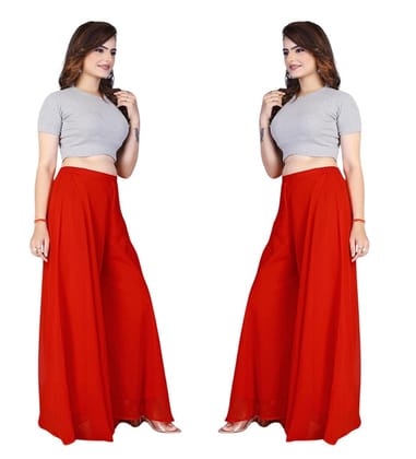 Generic Women's Georgette Solid High-Rise Wide Leg Flared Palazzo Pants with Elastic Waist, Ankle Length Trousers for Daily, Office and Casual Wear (Red, L, Pack of 2, Design 67545)
