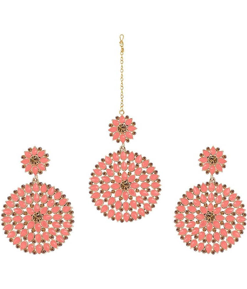 Gold Plated Stone and Diamond Studded Maang Tikka with Dangler Earrings for Women and Girls (Dark Green)